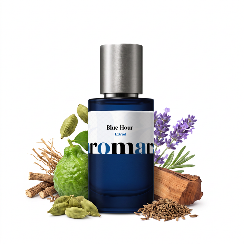 Blue Hour 35% Extrait perfume by Aromara, cardamom, lavender, cedar, vetiver, UK-made dupe, 7+ hour wear, 60-day refund