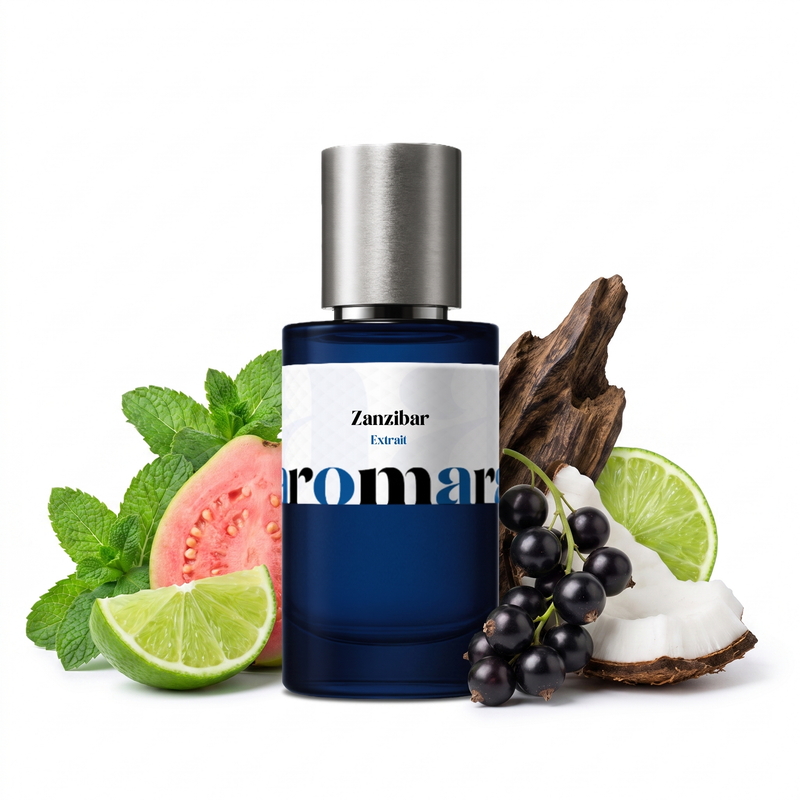 Zanzibar by Aromara 50ml 35% Extrait spray, navy bottle with lime, mint, pink guava, blackcurrants, coconut and oud wood