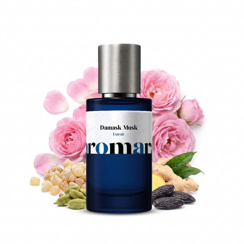 Damask Musk by Aromara 50ml 35% Extrait spray, navy bottle with pink roses, frankincense resin, ginger root and tonka beans