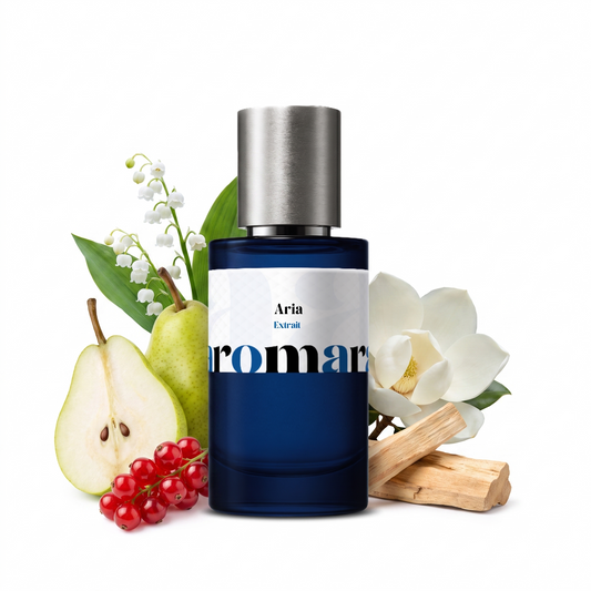 Aria by Aromara 50ml 35% Extrait spray, navy bottle with pears, lily of the valley, redcurrants and sandalwood