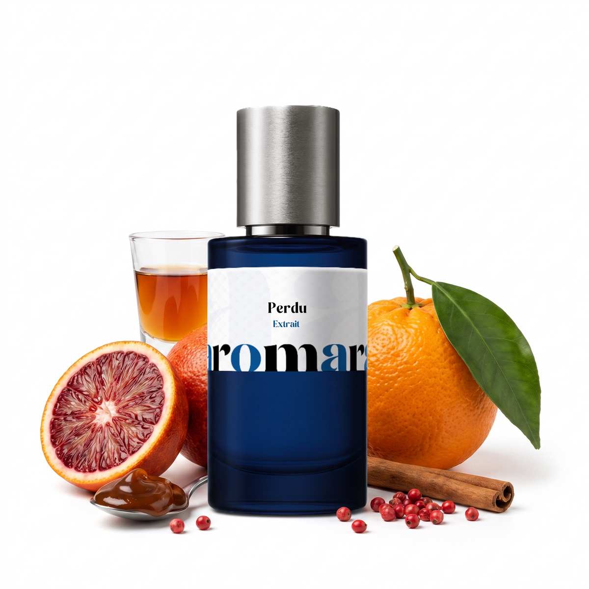 Perdu by Aromara 50ml 35% Extrait spray, navy bottle with blood oranges, caramel, cinnamon sticks and vanilla pods