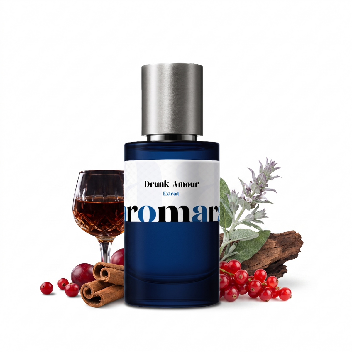Drunk Amour by Aromara 50ml 35% Extrait spray, navy bottle with red currants, a glass of brandy, cinnamon sticks and cedar wood