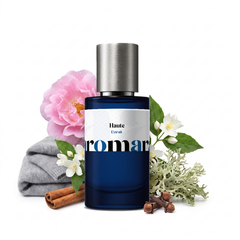 Haute by Aromara 50ml 35% Extrait spray, navy bottle with pink roses, jasmine flowers, oakmoss and cinnamon sticks