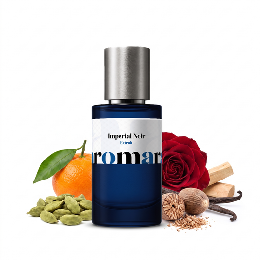 Imperial Noir 35% Extrait perfume by Aromara, inspired by Tom Ford Noir Extreme. Cardamom, mandarin, nutmeg, rose, amber, sandalwood, vanilla. UK-made dupe, 7+ hour wear.