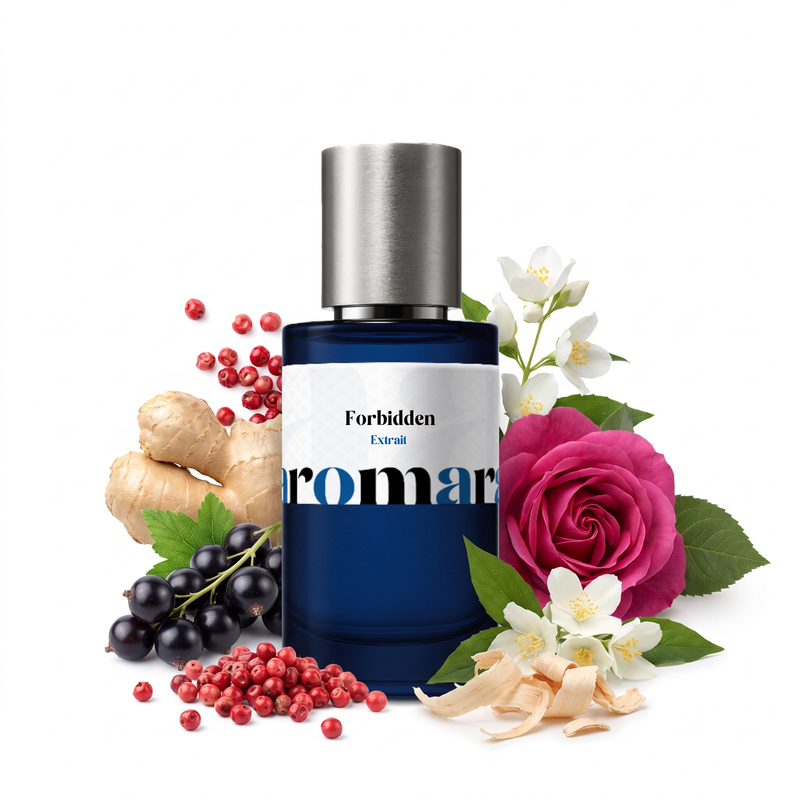 Forbidden 35% Extrait perfume by Aromara, inspired by Ex Nihilo Lust in Paradise. Blackcurrant, pink pepper, ginger, rose absolute, jasmine, cedarwood, amber, musk. UK-made dupe, 7+ hour wear.