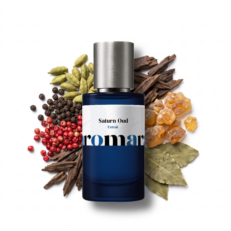 Saturn Oud 35% Extrait perfume by Aromara, inspired by Amouage Oud Zuhal. Cardamom, black pepper, Assam oud, patchouli, amber. UK-made dupe, 7+ hour wear.