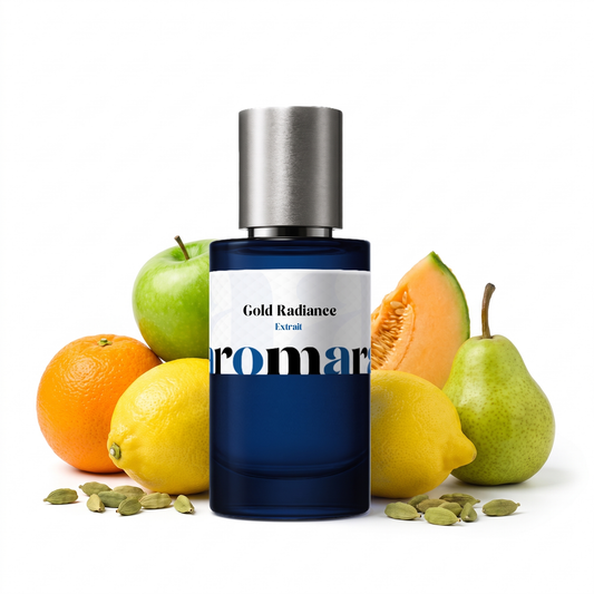 Gold Radiance 35% Extrait perfume by Aromara, inspired by Xerjoff Erba Gold. Amalfi lemon, orange, green apple, melon, cardamom, vanilla. UK-made dupe, 7+ hour wear.