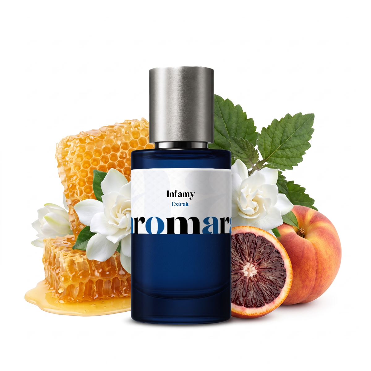 Infamy 35% Extrait perfume by Aromara, inspired by Jean Paul Gaultier Scandal. Honey, gardenia, blood orange, peach, caramel, patchouli. UK-made dupe, 7+ hour wear.