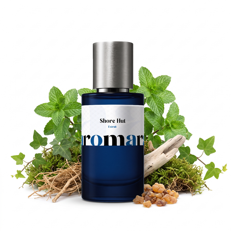 Shore Hut 35% Extrait perfume by Aromara, inspired by Beach Hut Man by Amouage. Mint, galbanum, moss, vetiver, ivy, myrrh. UK-made dupe, 7+ hour wear.