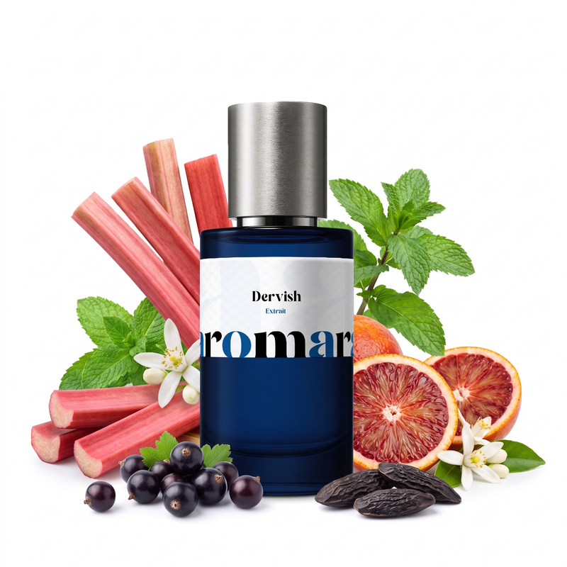 Dervish 35% Extrait perfume by Aromara, inspired by Demon Dancer by Ex Nihilo. Rhubarb, peppermint, blood orange, orange blossom, blackcurrant, tonka. UK-made dupe, 7+ hour wear.