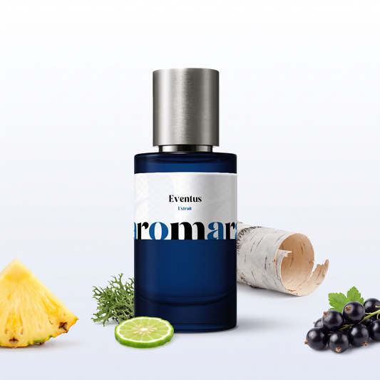 Eventus 35% Extrait perfume by Aromara, inspired by Creed Aventus. Pineapple, blackcurrant, birch, bergamot, oakmoss. UK-made dupe, 7+ hour wear.