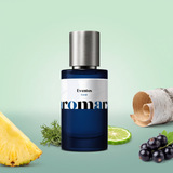 Eventus by Aromara on a fresh mint green background with pineapple, blackcurrants, birch bark and bergamot. 35% Extrait, inspired by Creed Aventus.