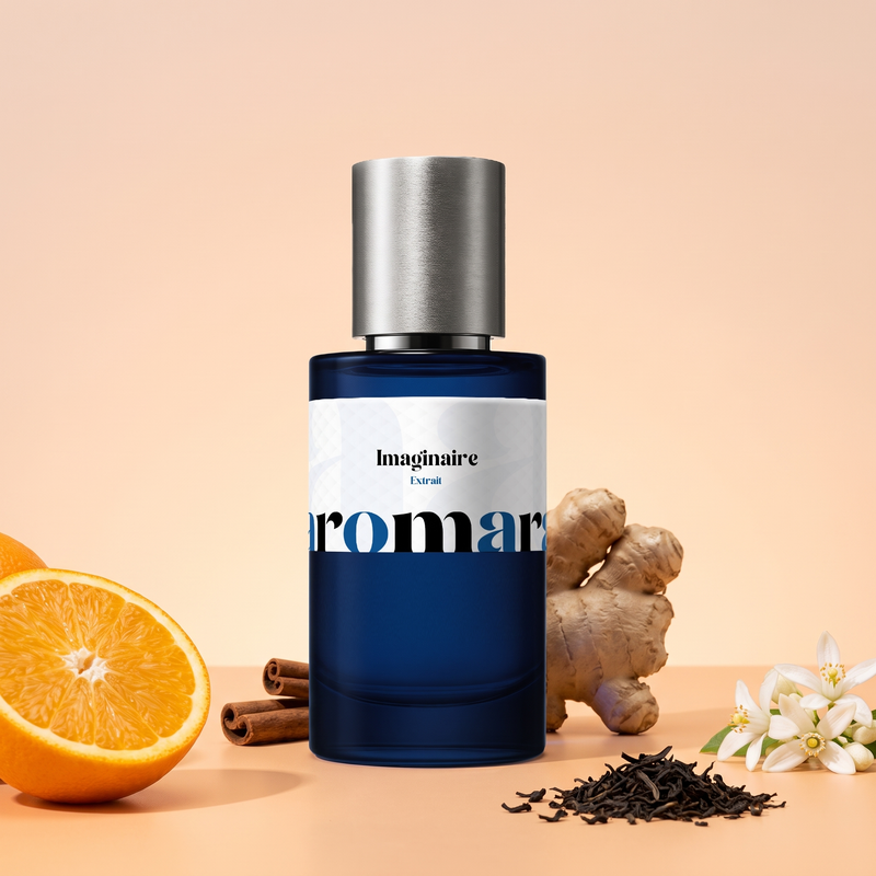 Imaginaire by Aromara on a pale peach and apricot background with orange, neroli blossoms, ginger, cinnamon and tea leaves. 35% Extrait, inspired by Louis Vuitton Imagination.