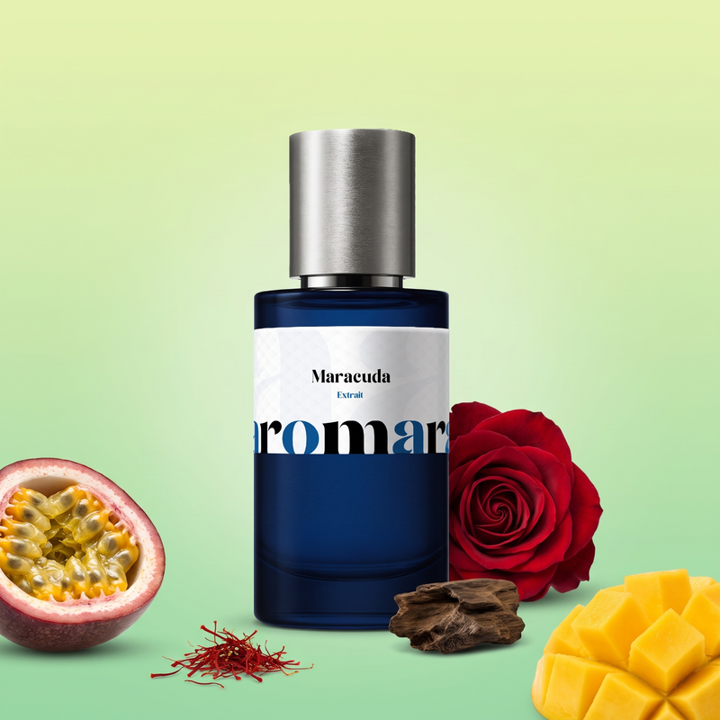 Maracuda by Aromara on a pale lime and tropical green background with passion fruit, mango, a red rose, oud wood and saffron. 35% Extrait, inspired by Maison Crivelli Oud Maracuja.