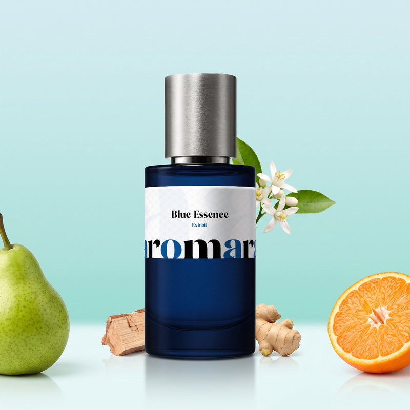 Blue Essence by Aromara on a pale aqua and seafoam turquoise background with a pear, mandarin, orange blossom, ginger and cedarwood. 35% Extrait, inspired by Ex Nihilo Blue Talisman.