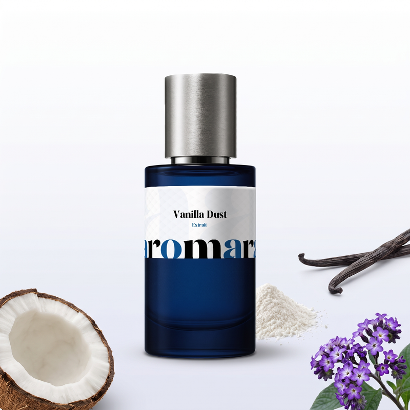 Vanilla Dust 35% Extrait perfume by Aromara, inspired by Matière Première Vanilla Powder. Coconut, heliotrope, Madagascar vanilla, white musk. UK-made dupe, 7+ hour wear.