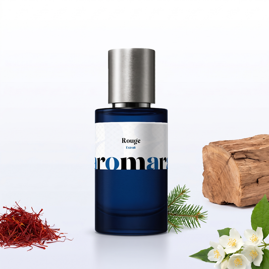 Rouge 35% Extrait perfume by Aromara, inspired by Maison Francis Kurkdjian Baccarat Rouge 540. Saffron, jasmine, amberwood, cedarwood, fir resin. UK-made dupe, 7+ hour wear.