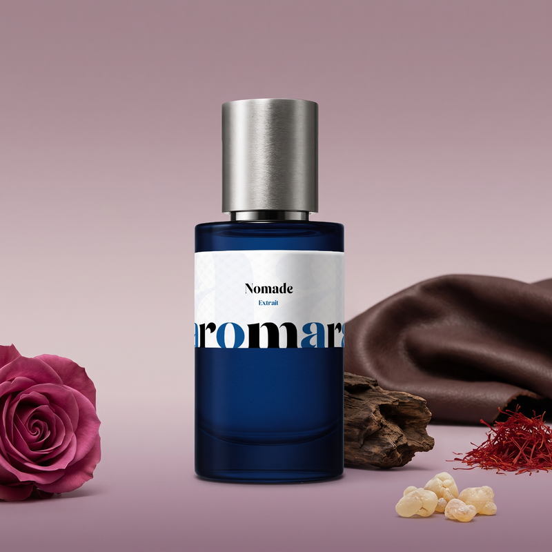 Nomade by Aromara on a dusty mauve and soft plum background with a rose, saffron, leather, oud wood and frankincense. 35% Extrait, inspired by Louis Vuitton Ombre Nomade.