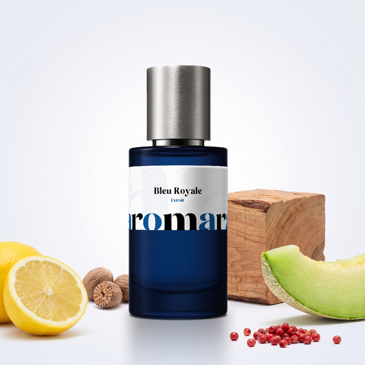 Bleu Royale 35% Extrait perfume by Aromara, inspired by Chanel Bleu de Chanel. Lemon, pink pepper, nutmeg, melon, cedarwood. UK-made dupe, 7+ hour wear.