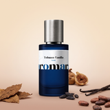Tobacco Vanilla by Aromara on a pale latte cream to soft milky cocoa background with tobacco leaves, vanilla pods, cacao beans, dried figs and tonka beans. 35% Extrait, inspired by Tom Ford Tobacco Vanille.