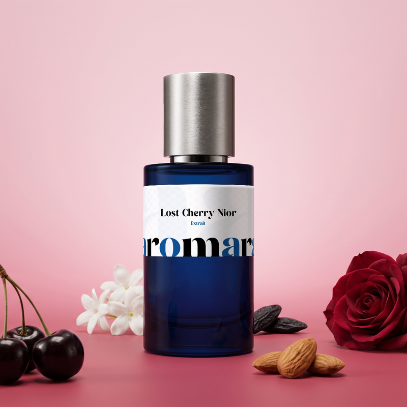 Lost Cherry Nior by Aromara on a pale cherry blossom pink to soft raspberry pink background with black cherries, almonds, a red rose, jasmine flowers and tonka beans. 35% Extrait, inspired by Tom Ford Lost Cherry.