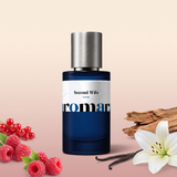 Second Wife by Aromara on a pale creamy shell pink to soft dusty rose background with raspberries, redcurrants, a white lily, vanilla pods and cedarwood. 35% Extrait, an Aromara original.