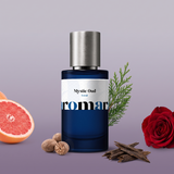 Mystic Oud by Aromara on a pale smoky violet grey to soft dusky violet background with grapefruit, cypress, a red rose, nutmeg and oud wood chips. 35% Extrait, inspired by Penhaligon's Halfeti.