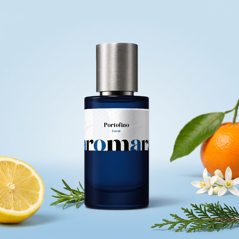 Portofino by Aromara on a pale powder blue and soft azure background with lemon, mandarin, neroli blossom, rosemary and cypress. 35% Extrait, inspired by Tom Ford Neroli Portofino.