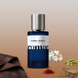 Leather Shadow by Aromara on a pale mushroom grey and soft cognac brown background with leather, cardamom, jasmine, saffron and patchouli. 35% Extrait, inspired by Tom Ford Ombre Leather.