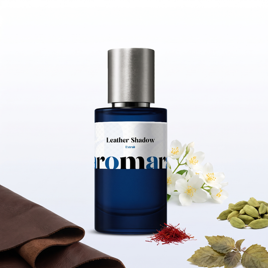 Leather Shadow 35% Extrait perfume by Aromara, inspired by Tom Ford Ombre Leather. Leather, cardamom, saffron, jasmine, patchouli. UK-made dupe, 7+ hour wear.