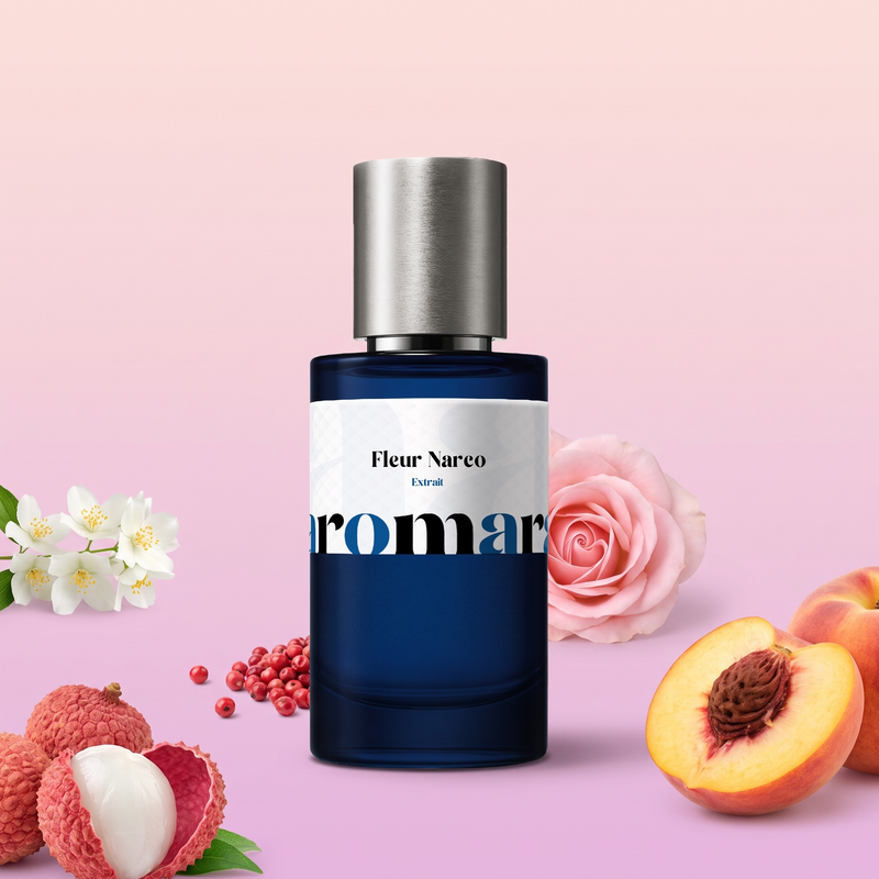Fleur Narco by Aromara on a pale shell pink and soft orchid pink background with lychees, peach, rose, jasmine and pink peppercorns. 35% Extrait, inspired by Ex Nihilo Fleur Narcotique.