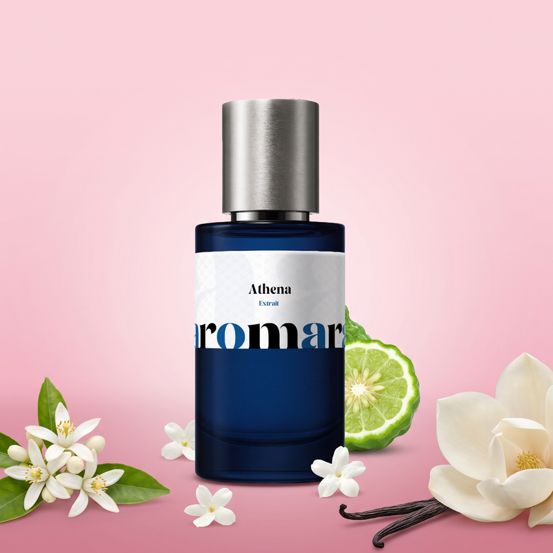 Athena by Aromara on a pale petal pink to soft rose quartz background with orange blossoms, magnolia, bergamot, jasmine and vanilla pods. 35% Extrait, inspired by Parfums de Marly Athenais.