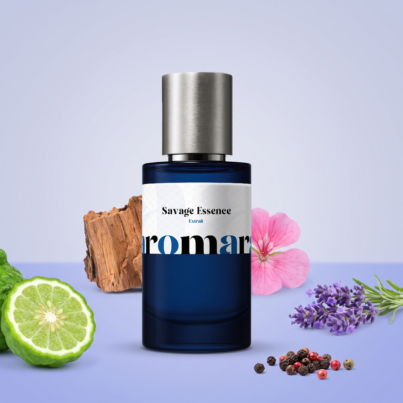 Savage Essence by Aromara on a pale periwinkle grey to soft lavender blue background with bergamot, lavender, peppercorns, cedarwood and a pink geranium. 35% Extrait, inspired by Dior Sauvage.