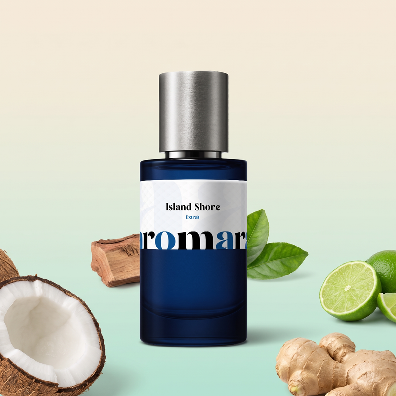 Island Shore by Aromara on a pale coconut cream to soft lagoon mint background with coconut, limes, ginger, lime leaves and cedarwood. 35% Extrait, inspired by Creed Virgin Island Water.