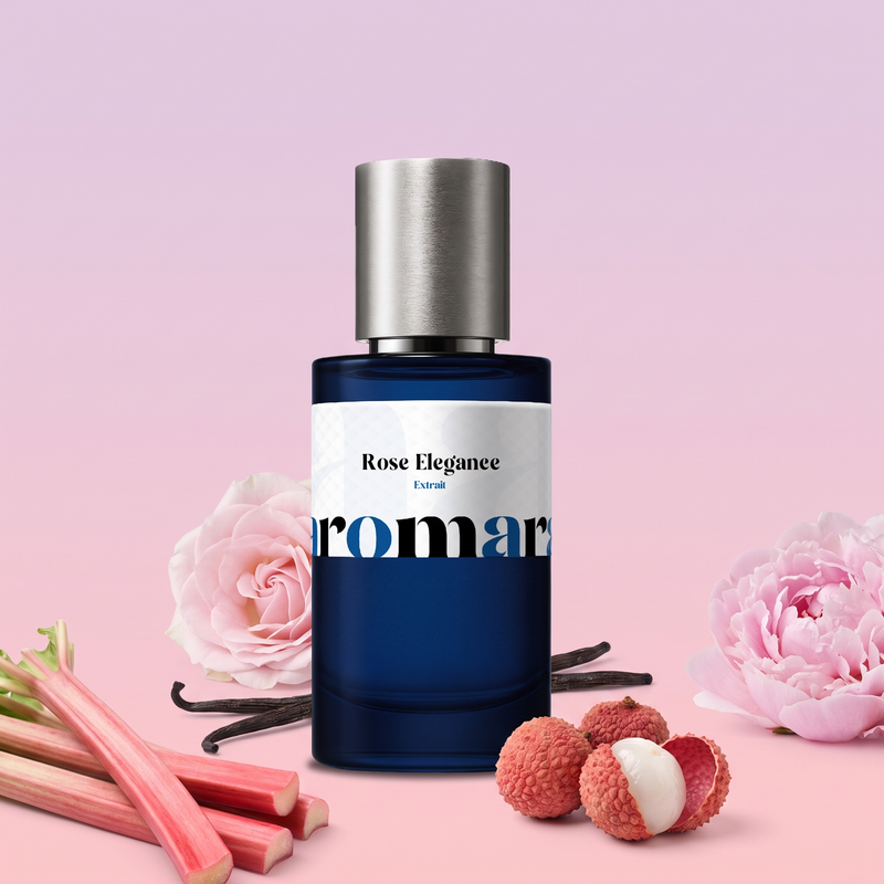 Rose Elegance by Aromara on a pale lilac blush to soft peony pink background with rhubarb, lychees, a peony, a pink rose and vanilla pods. 35% Extrait, inspired by Parfums de Marly Delina.