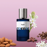 Baddie by Aromara on a pale orchid pink to soft berry mauve background with almonds, coffee beans, tuberose, cacao beans and jasmine. 35% Extrait, inspired by Carolina Herrera Good Girl.