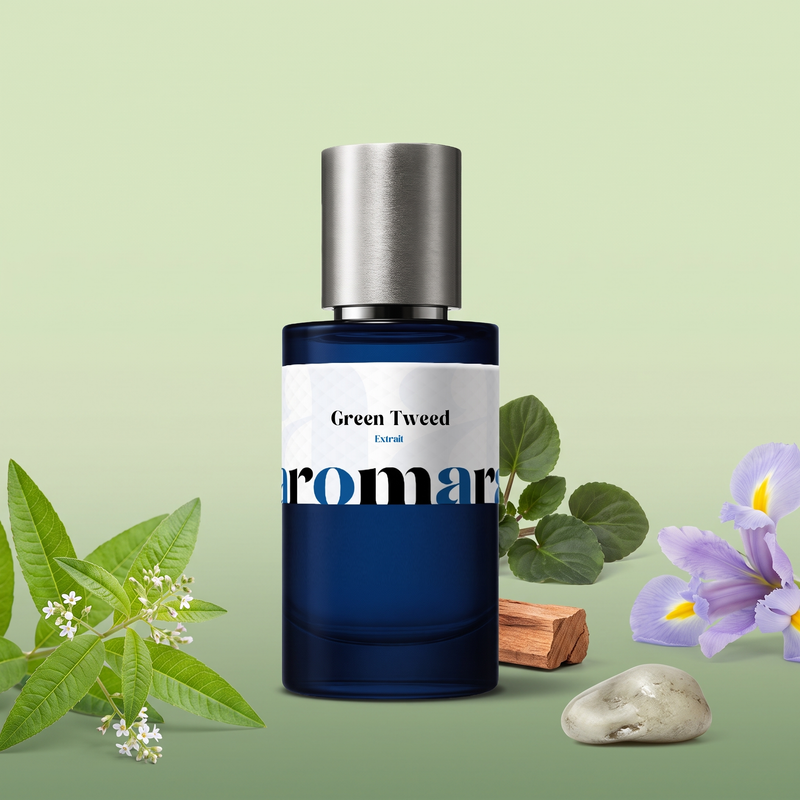 Green Tweed by Aromara on a pale pistachio and soft moss green background with lemon verbena, iris, violet leaves, sandalwood and ambergris. 35% Extrait, inspired by Creed Green Irish Tweed.