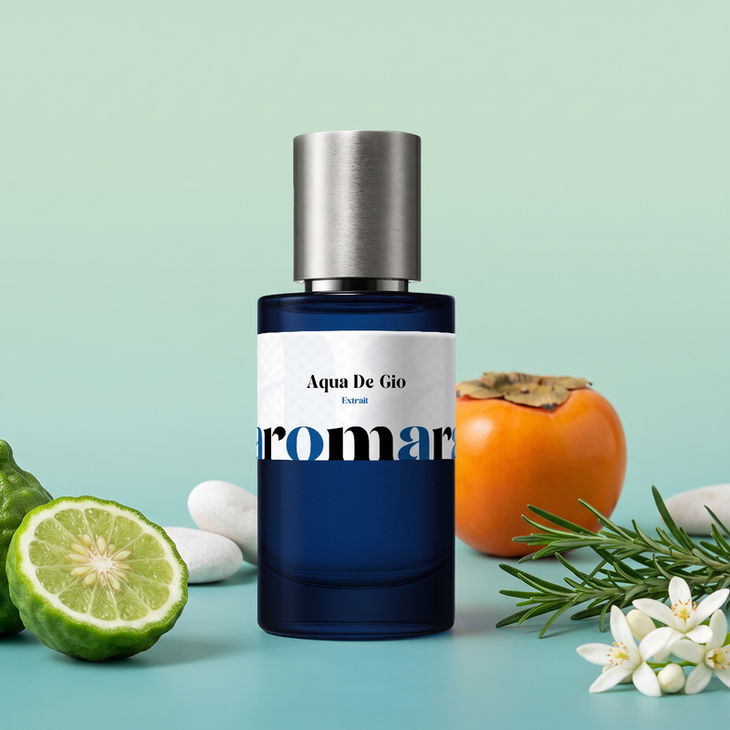 Aqua De Gio by Aromara on a pale seafoam green to soft ocean teal background with bergamot, rosemary, persimmon, sea pebbles and neroli blossoms. 35% Extrait, inspired by Armani Acqua di Gio.