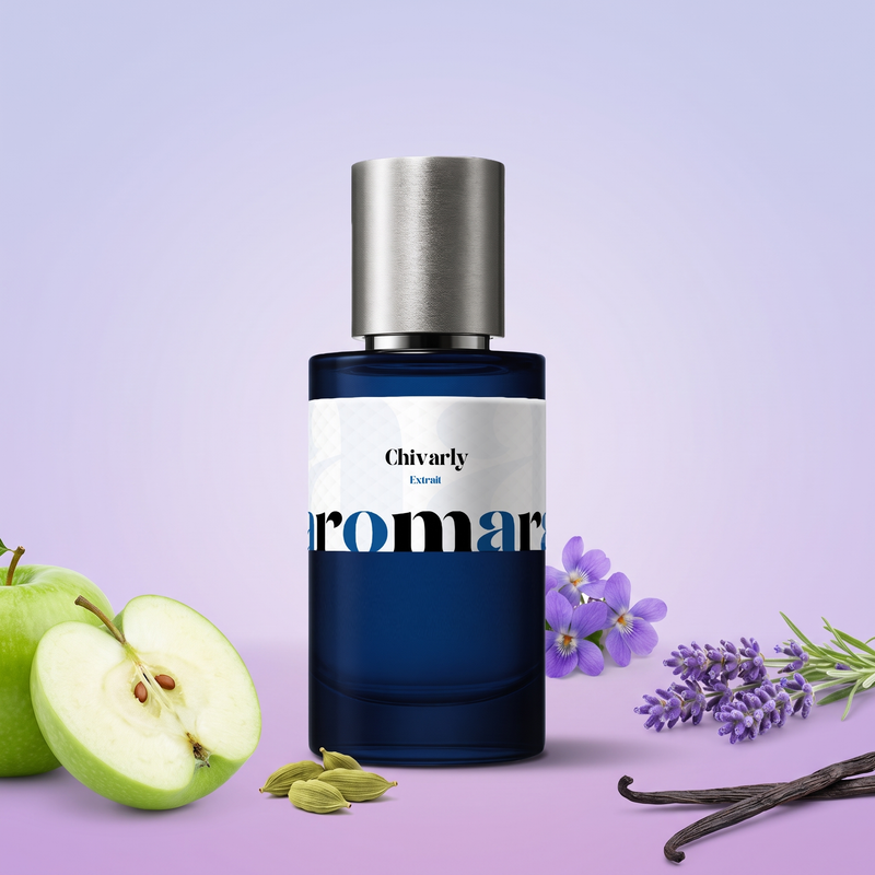 Chivarly by Aromara on a pale cool lavender and soft heather purple background with green apple, lavender, violets, cardamom and vanilla pods. 35% Extrait, inspired by Parfums de Marly Layton.