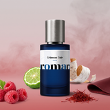 Crimson Cuir by Aromara on a pale rosy grey to soft crimson rose background with raspberries, bergamot, saffron threads, red leather and birch bark. 35% Extrait, inspired by Maison Crivelli Cuir Infrarouge.