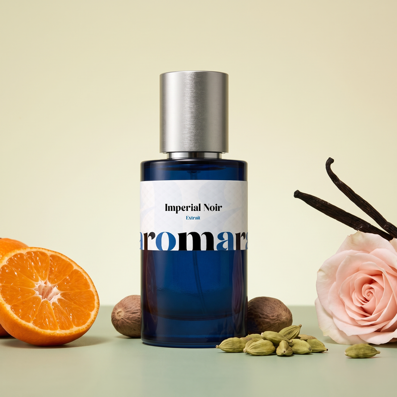 Imperial Noir by Aromara on a pale pistachio cream to soft sage green background with mandarin, cardamom pods, nutmegs, a pink rose and vanilla pods. 35% Extrait, inspired by Tom Ford Noir Extreme.