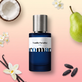 Vanilla Paradise by Aromara on a pale vanilla cream to pink guava background with coconut, pear, vanilla pods and orchid, jasmine and tonka beans. 35% Extrait, inspired by Kayali Utopia Vanilla Coco 20.