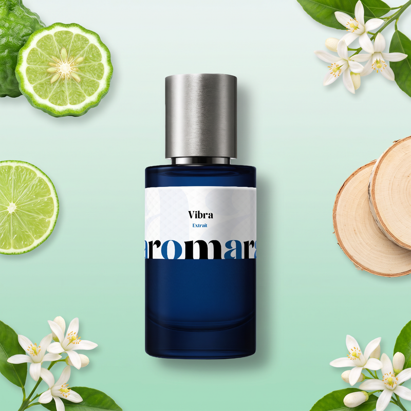 Vibra by Aromara on a pale seafoam to spring jade green background with bergamot, lime, jasmine, orange blossom and birch wood. 35% Extrait, inspired by Sospiro Vibrato.