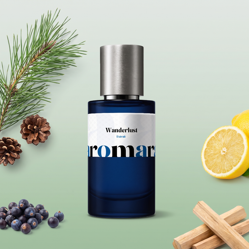 Wanderlust by Aromara on a pale forest mist to pine green background with a pine branch, pine cones, juniper berries, lemon and sandalwood. 35% Extrait, inspired by Byredo Gypsy Water.