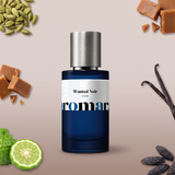 Wanted Noir by Aromara on a pale dove taupe to smoky mocha background with cardamom pods, toffee, bergamot, vanilla pods and tonka beans. 35% Extrait, inspired by Azzaro The Most Wanted.