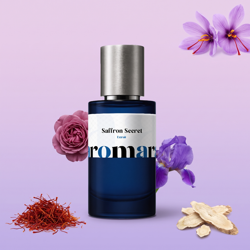 Saffron Secret by Aromara on a pale lavender mauve to crocus purple background with saffron threads, crocus flowers, a pink rose, iris and orris root. 35% Extrait, inspired by Maison Crivelli Safran Secret.
