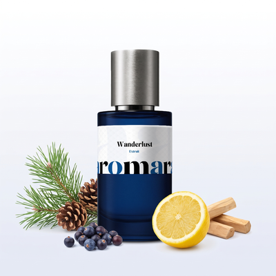 Wanderlust 35% Extrait perfume by Aromara, inspired by Byredo Gypsy Water. Lemon, juniper berries, pine needles, sandalwood. UK-made dupe, 7+ hour wear.