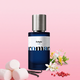 Delight by Aromara on a pale cotton candy pink to soft candy pink background with marshmallows, orange blossoms, honeysuckle, vanilla pods and pink peppercorns. 35% Extrait, inspired by Kilian Don't Be Shy.