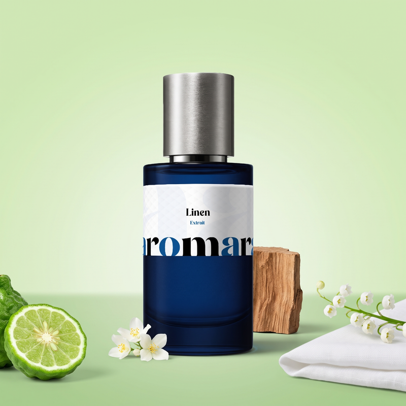 Linen by Aromara on a pale spring green to soft leaf green background with bergamot, lily of the valley, cedarwood, jasmine and white linen. 35% Extrait, inspired by Maison Francis Kurkdjian Aqua Universalis.