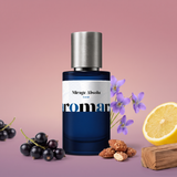 Mirage Absolu by Aromara on a pale berry blush and soft blackcurrant mauve background with blackcurrants, lemon, violets, praline almonds and cedarwood. 35% Extrait, inspired by Byredo Bal d'Afrique Absolu.